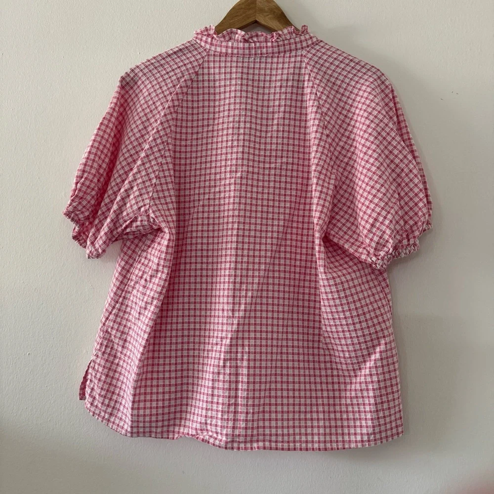 CeCe Cotton Pink and White Gingham Ruffle Blouse Puff Sleeve - Picture 2 of 8